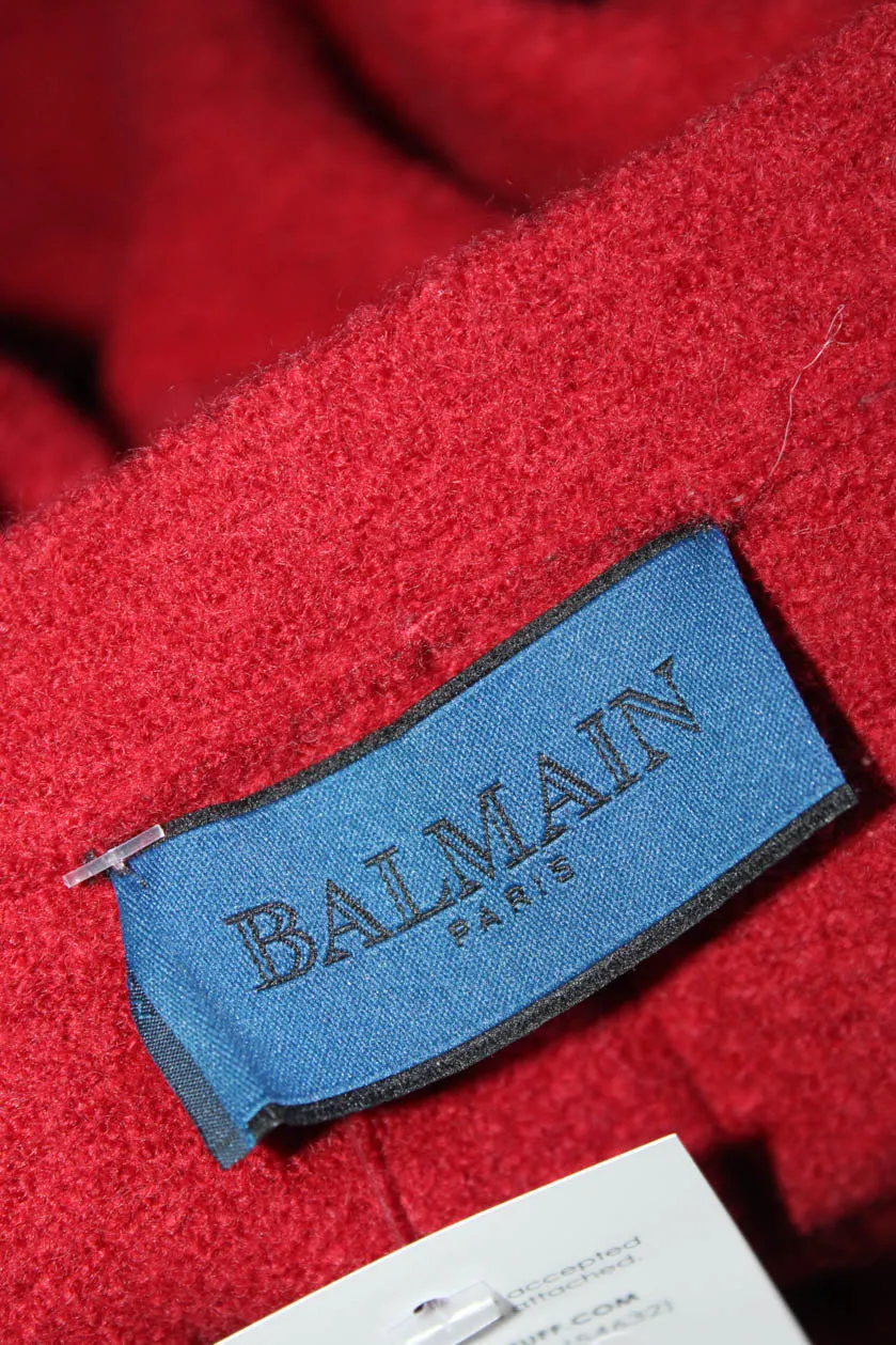 Balmain Womens Wool Collared Long Sleeve Button Up Jacket Red