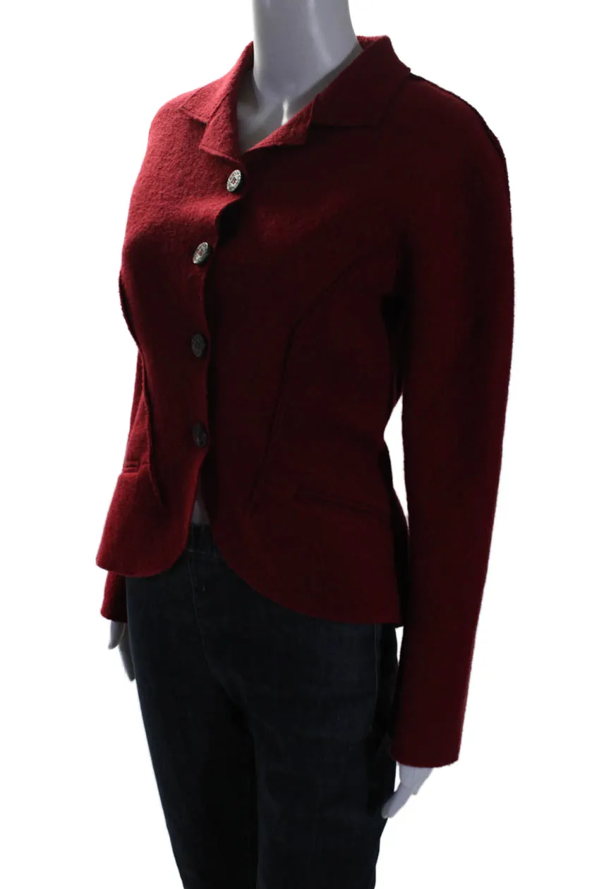 Balmain Womens Wool Collared Long Sleeve Button Up Jacket Red