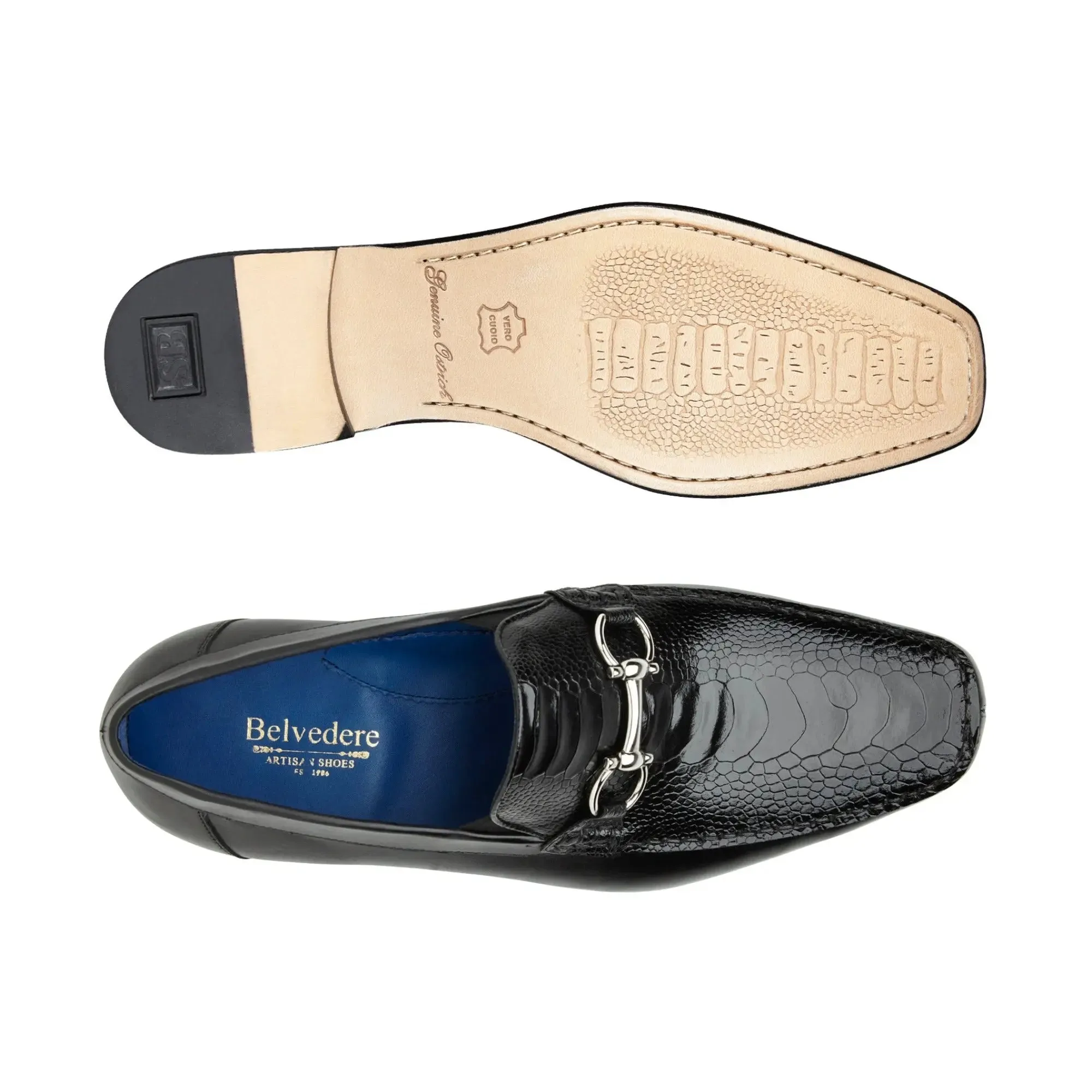 Belvedere Exotic Skin Shoes Belvedere Bruno in Black Genuine Ostrich Leg and Italian Calf Loafers