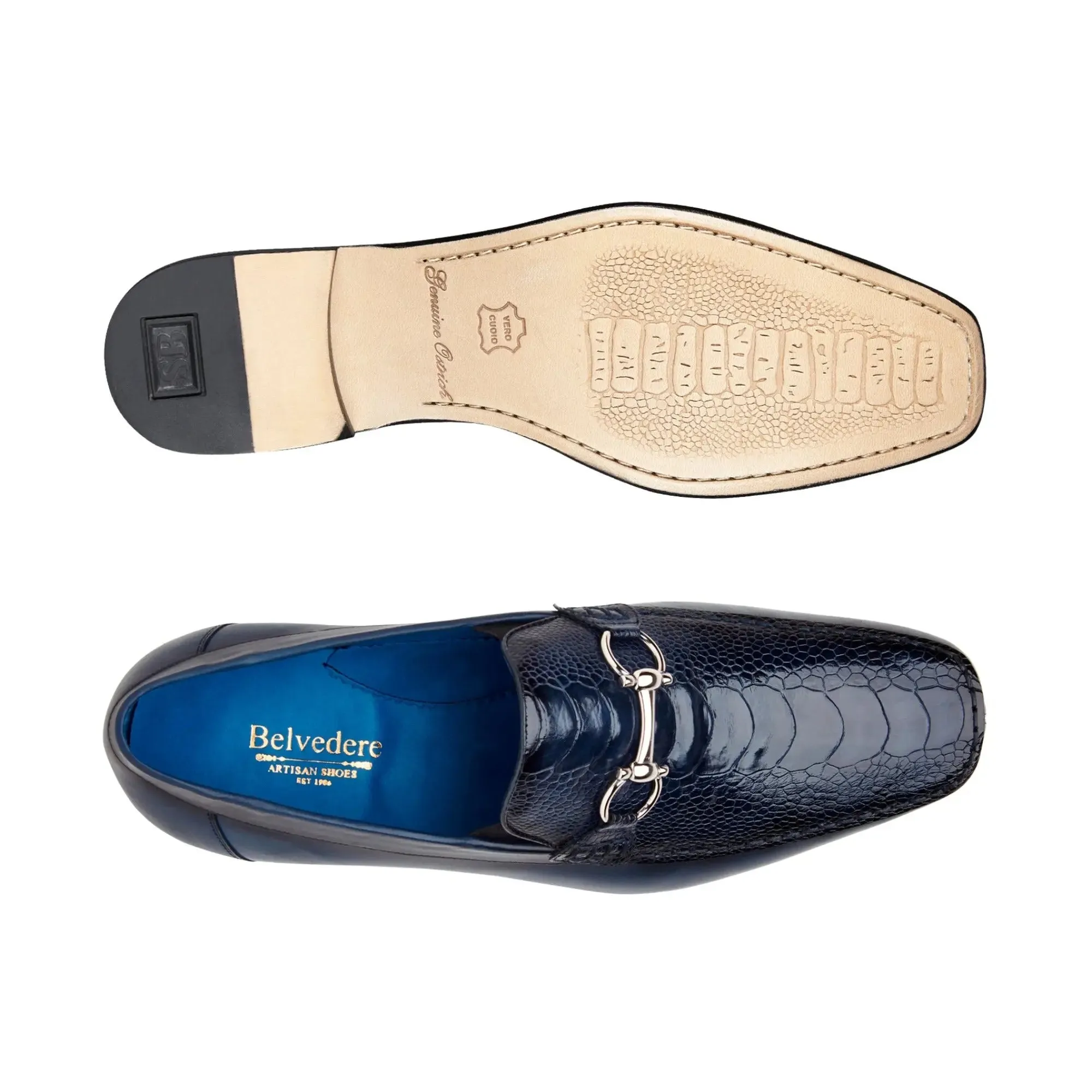 Belvedere Exotic Skin Shoes Belvedere Bruno in Navy Genuine Ostrich Leg and Italian Calf Loafers