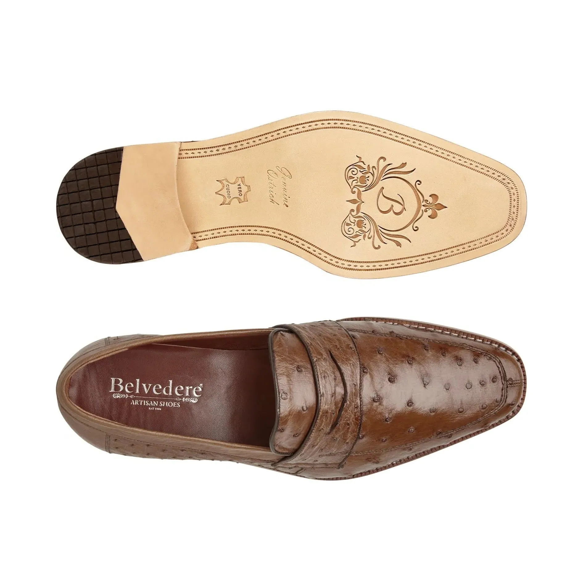 Belvedere Exotic Skin Shoes Belvedere Espada in Tabac Ostrich Quill Penny Loafers