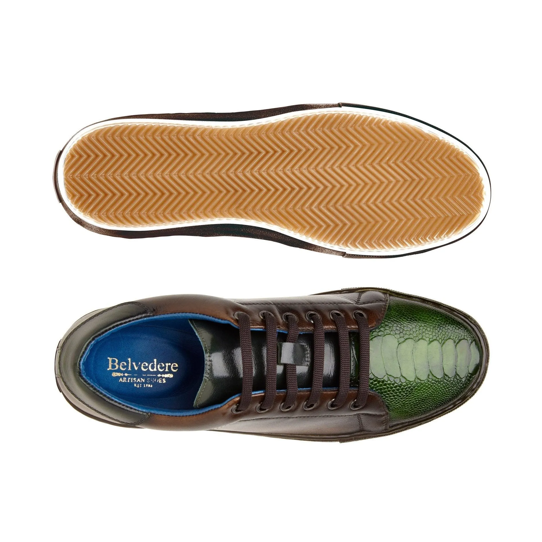 Belvedere Exotic Skin Shoes Belvedere Stone in Chocolate Brown / Forest Ostrich & Italian Leather Sneakers