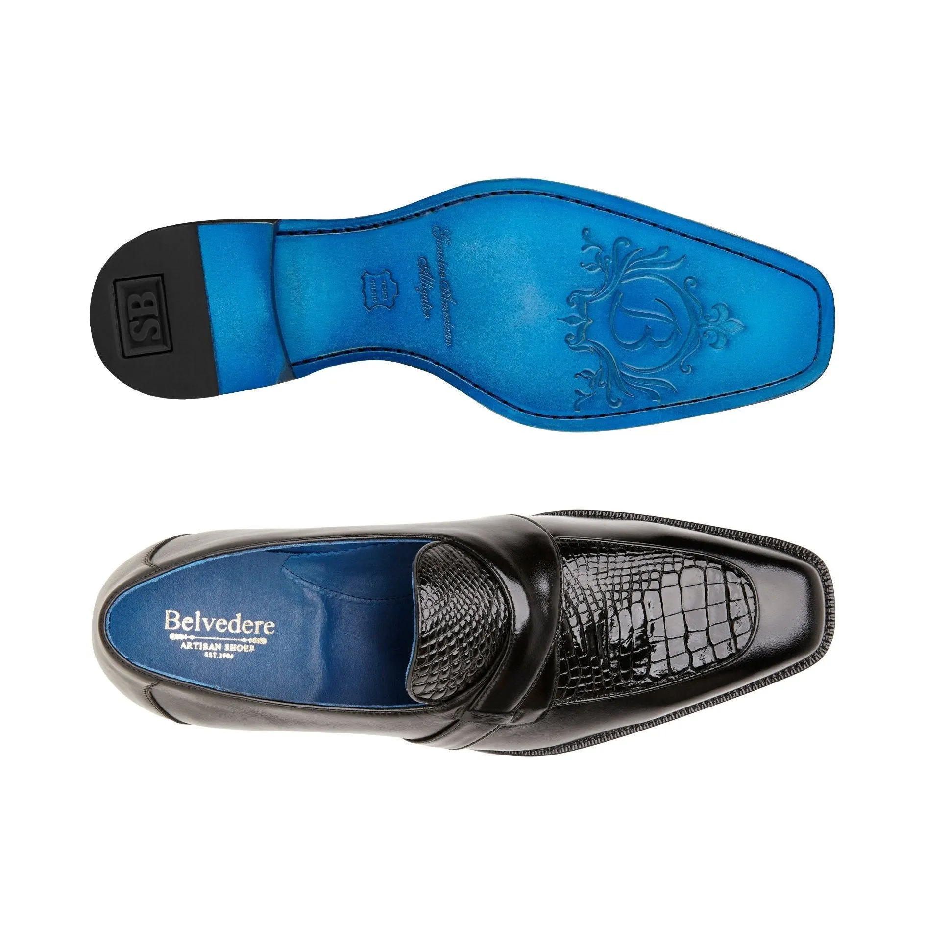 Belvedere Exotic Skin Shoes Belvedere Tornado in Black American Alligator and Italian Calf Leather Loafers