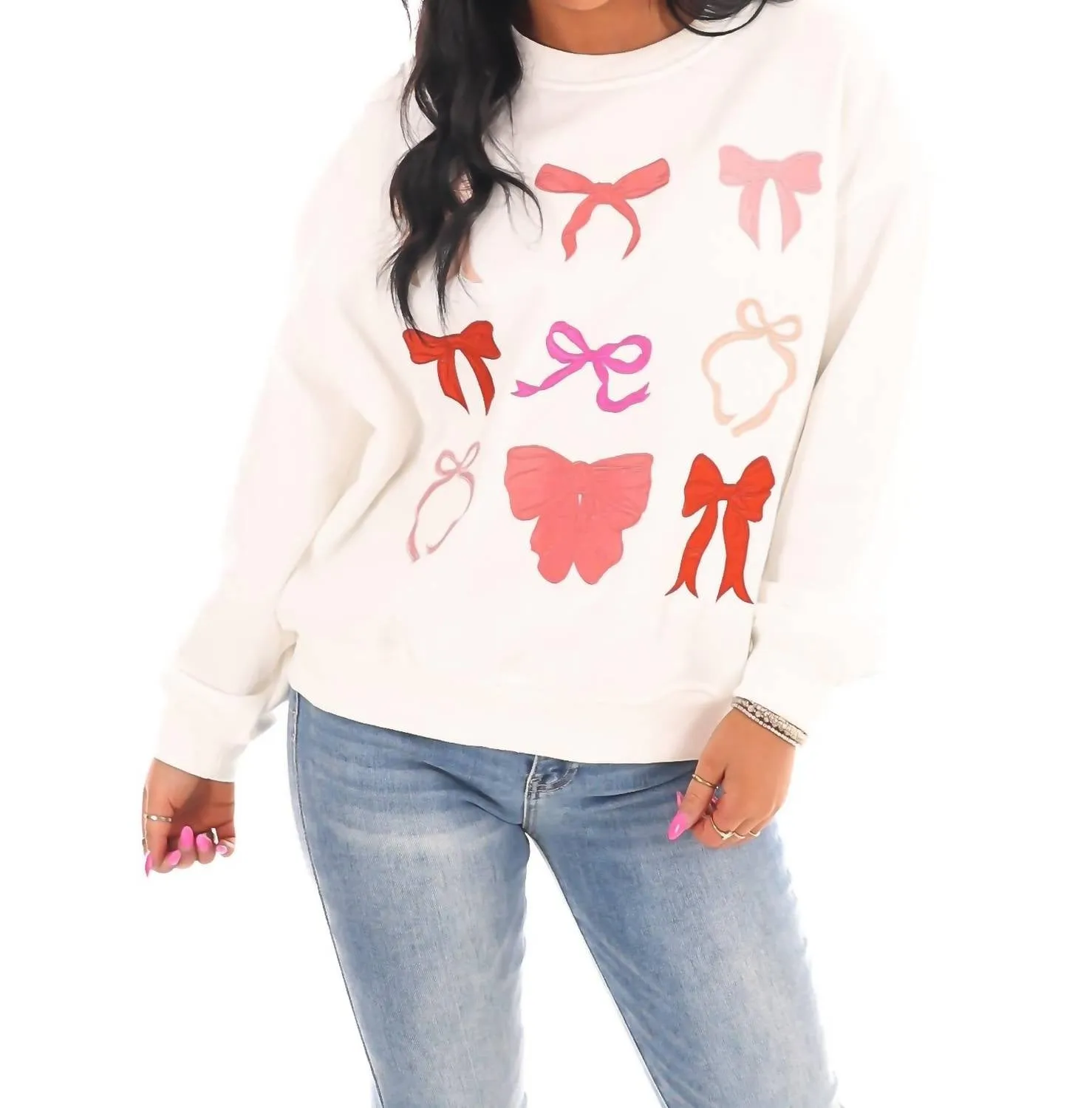 Bow-Tiful Embroidered Oversized Sweatshirt In White