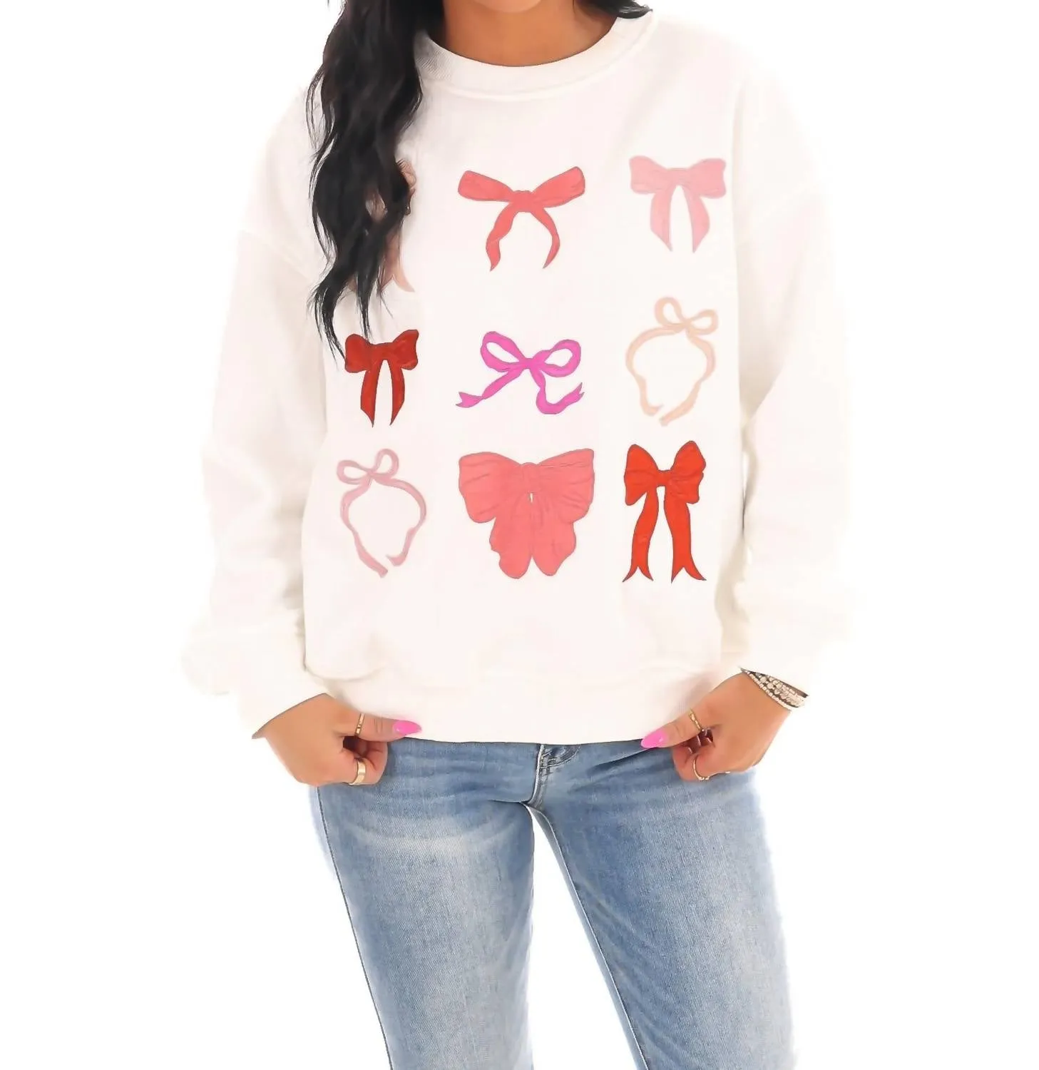 Bow-Tiful Embroidered Oversized Sweatshirt In White