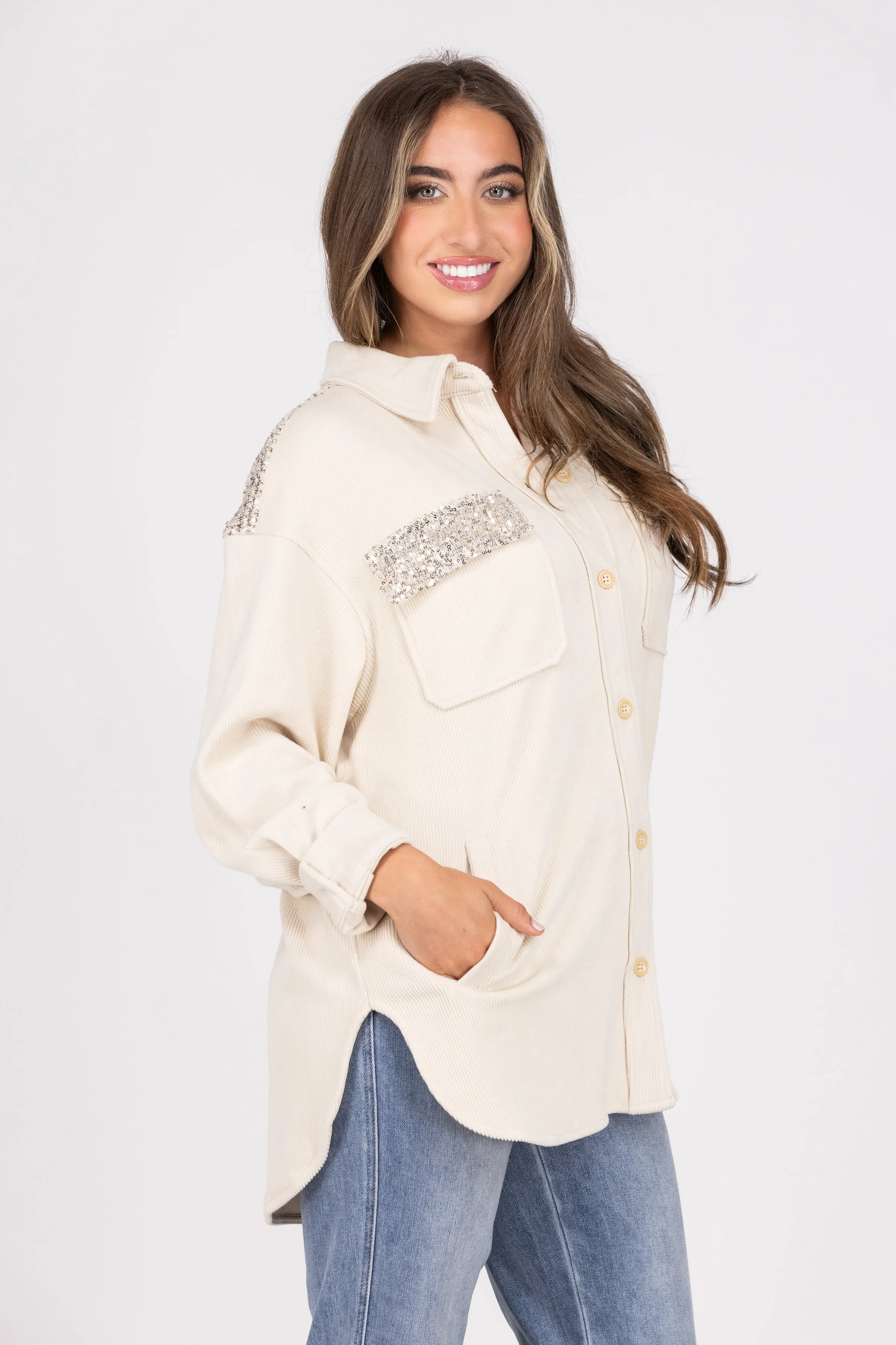 Can't Miss It Women's Sequin Corduroy Shacket