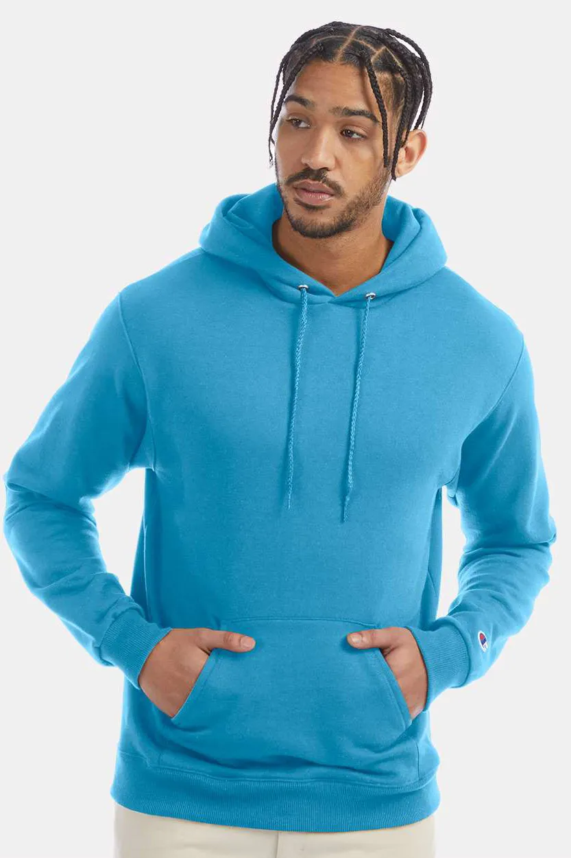 Champion Mens Double Dry Eco Moisture Wicking Fleece Hooded Sweatshirt Hoodie w/ Pouch Pocket - Lagoon Blue