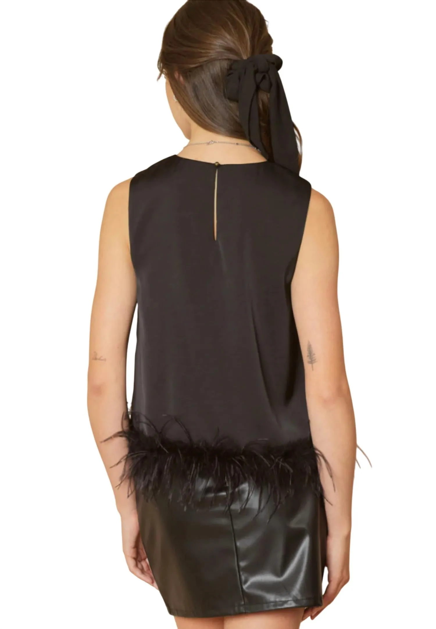 Classic Tank Top With Feather Trim In Black
