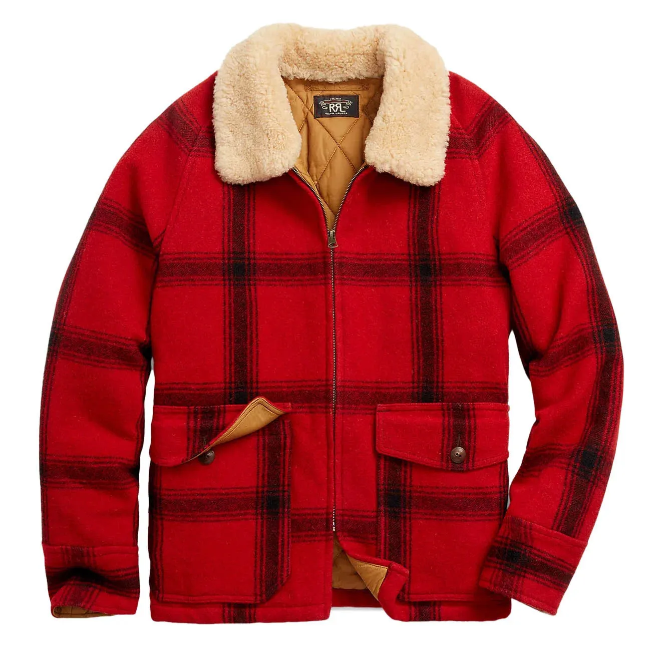 Clothing Rrl By Ralph Lauren Men RRL by Ralph Lauren Shearling-Collar Plaid Wool Jacket Red / Black Multi