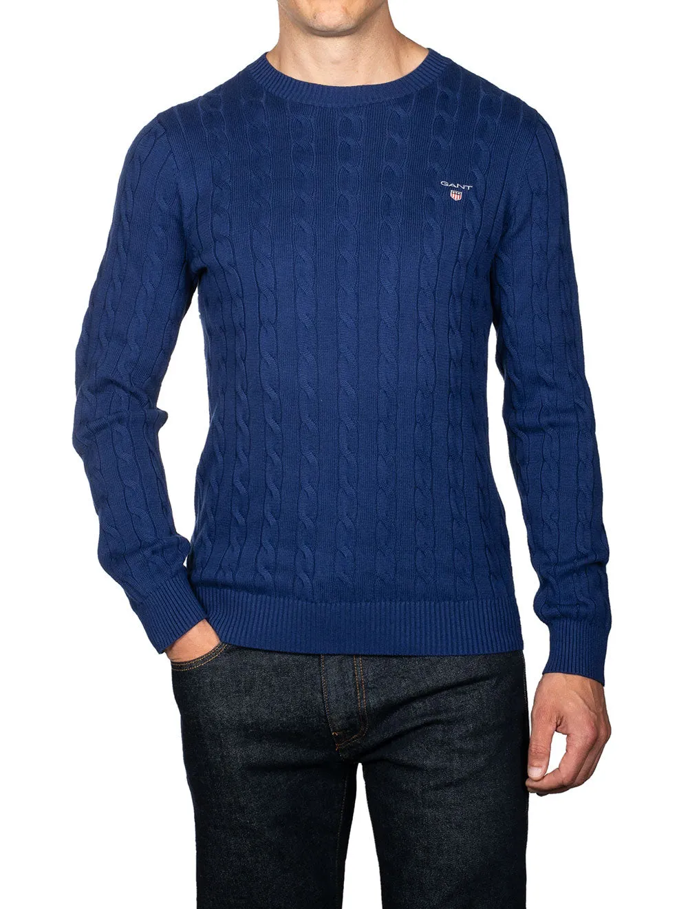 Cotton Cable Crew Neck Sweater Deep Blue