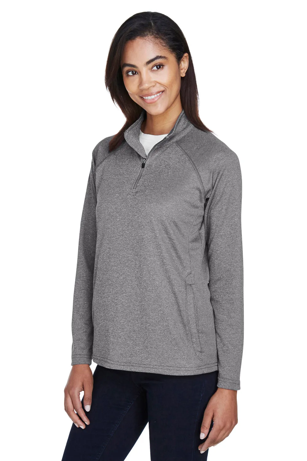 Devon & Jones Womens Compass Stretch Tech Moisture Wicking 1/4 Zip Sweatshirt w/ Pockets - Heather Dark Grey