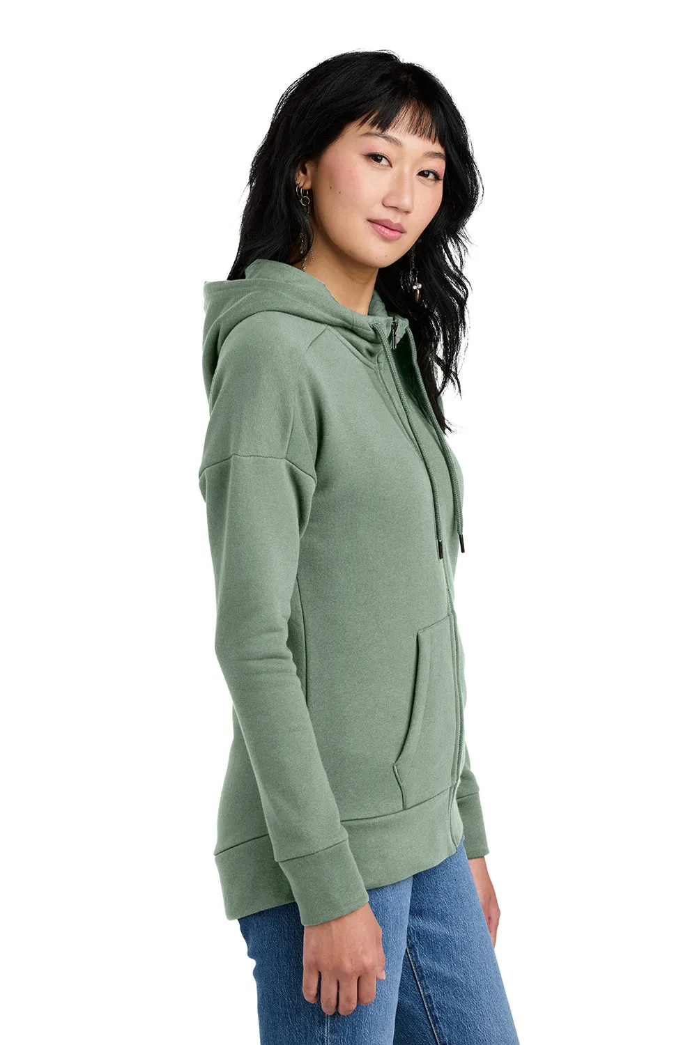 District Womens Perfect Weight Fleece Full Zip Hooded Sweatshirt Hoodie w/ Pockets - Laurel Green