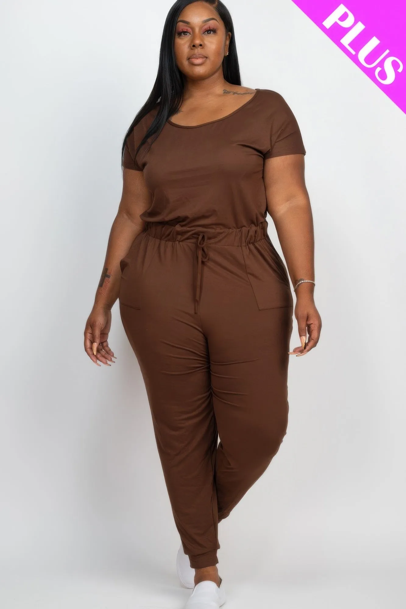 FASHNZFAB Women's Plus Size Solid Drawstring Short Sleeve Jumpsuit
