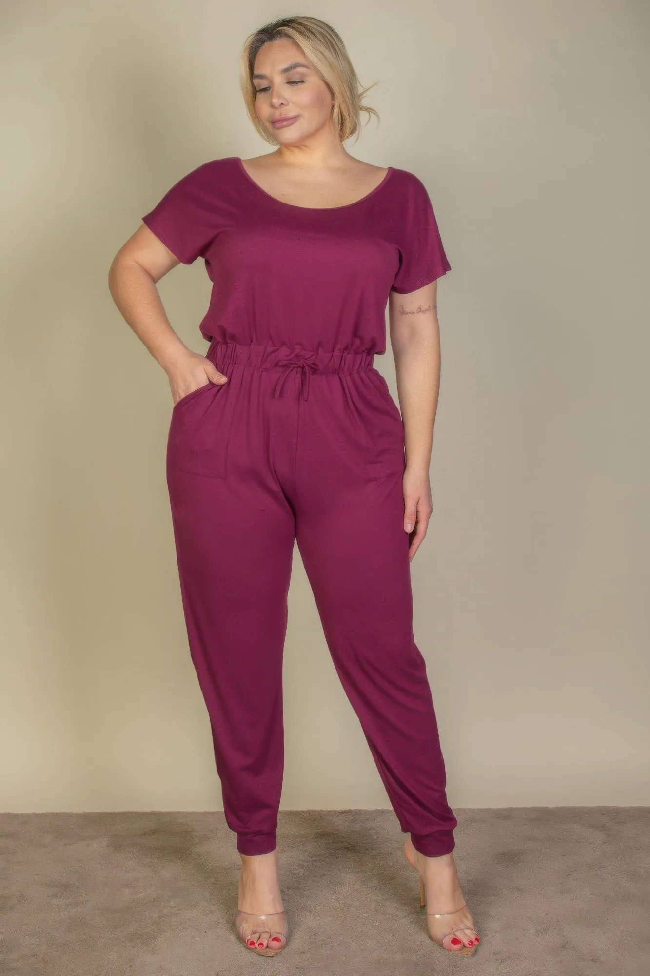 FASHNZFAB Women's Plus Size Solid Drawstring Short Sleeve Jumpsuit