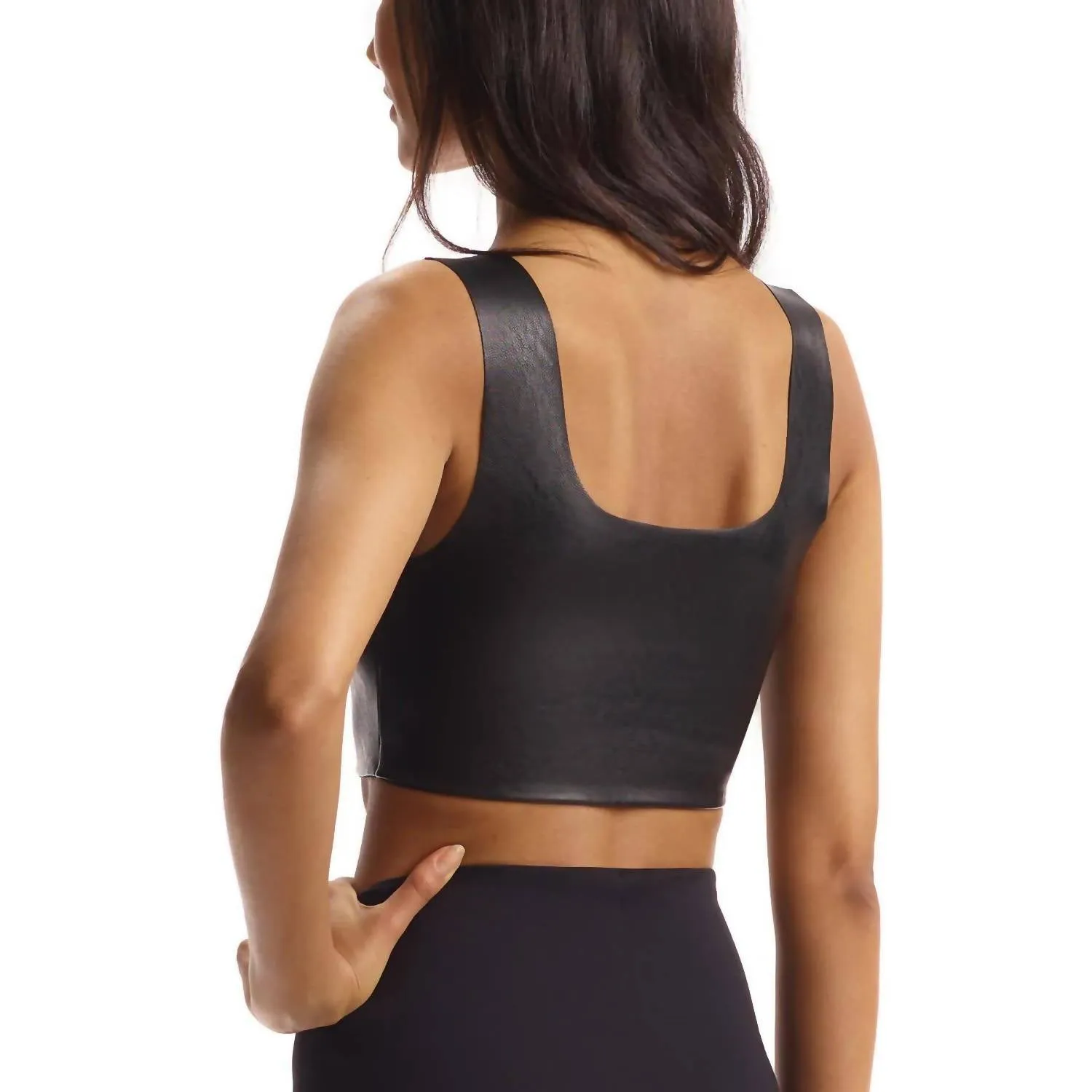 Faux Leather Square Neck Crop Top In Black