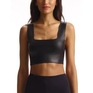 Faux Leather Square Neck Crop Top In Black