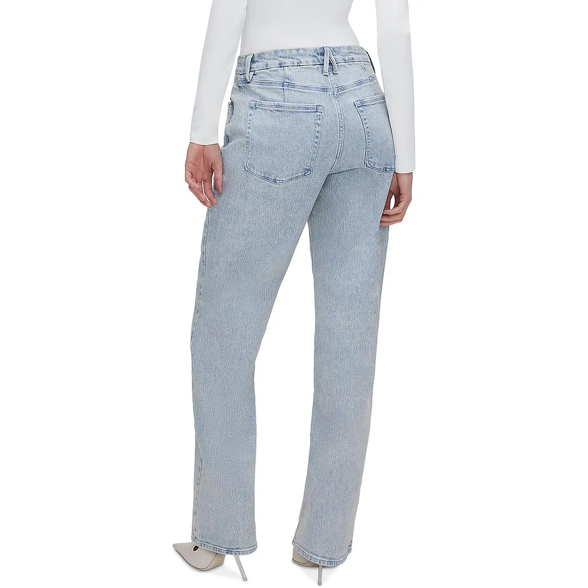 Good American Womens 90's Diamond Fringe High-Rise Light Wash Straight Leg Jeans
