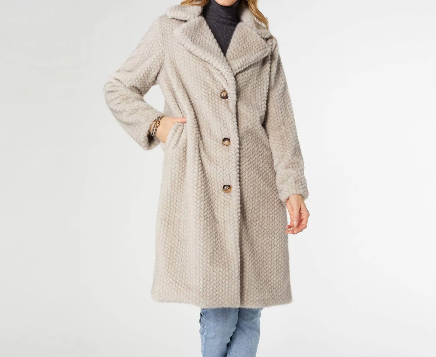 Lenore Textured Faux Fur Coat In Cement