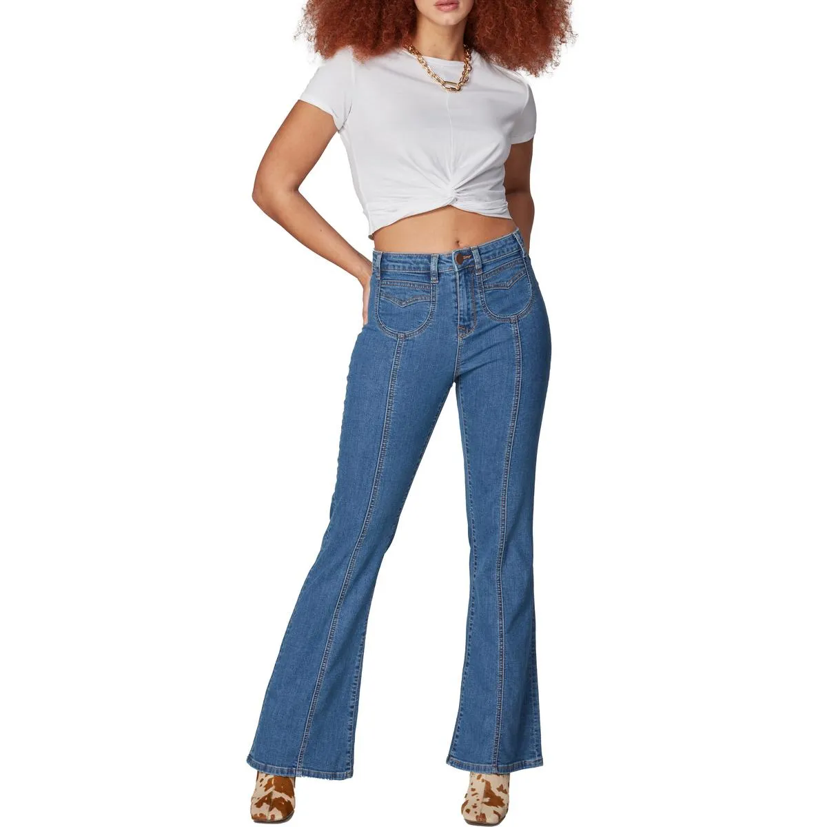 Lola Womens Alice Raw Hem Denim Flared Jeans