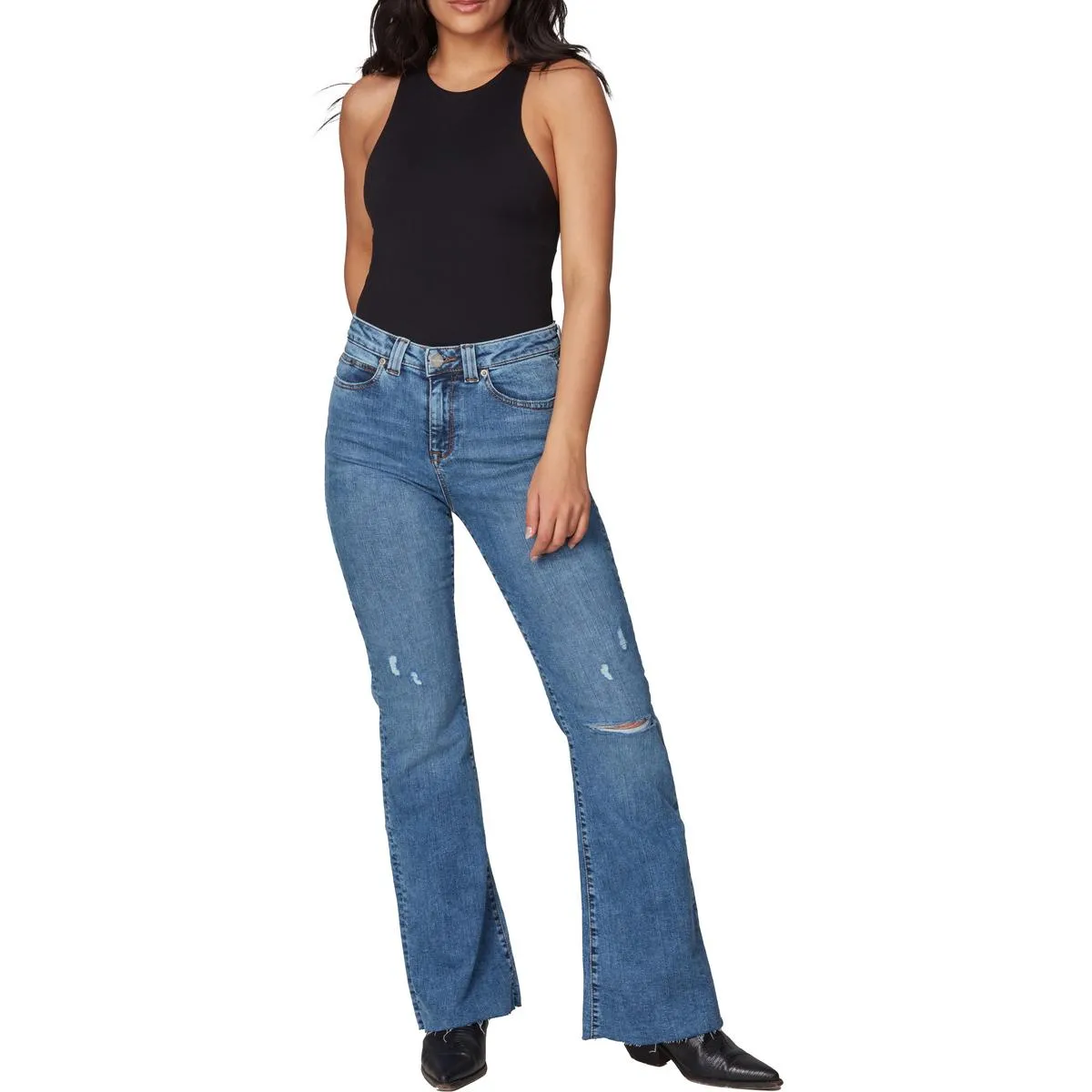 Lola Womens Alice Raw Hem Denim Flared Jeans