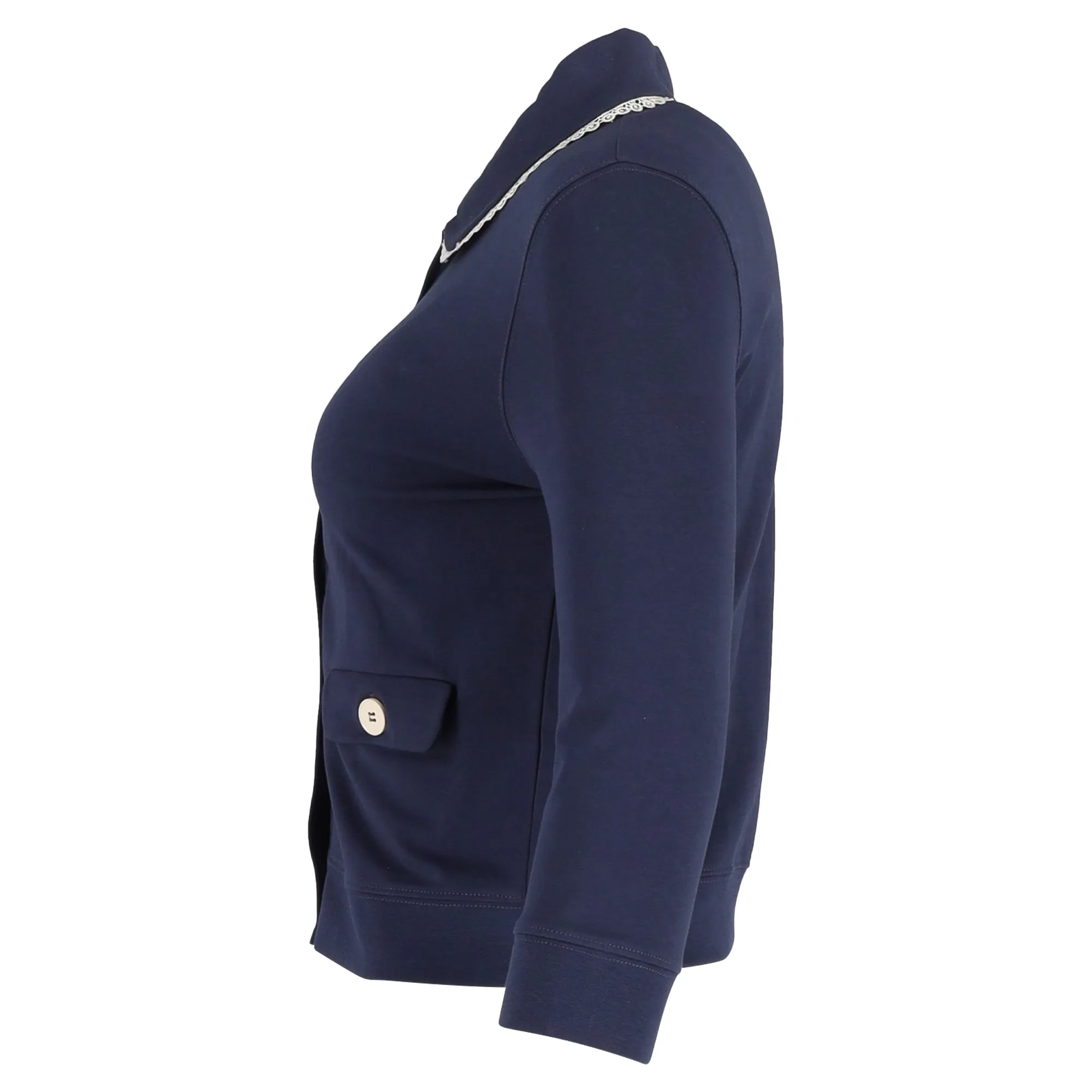 Love Moschino Button Down Frilled-Collar Jacket in Navy Blue Cotton