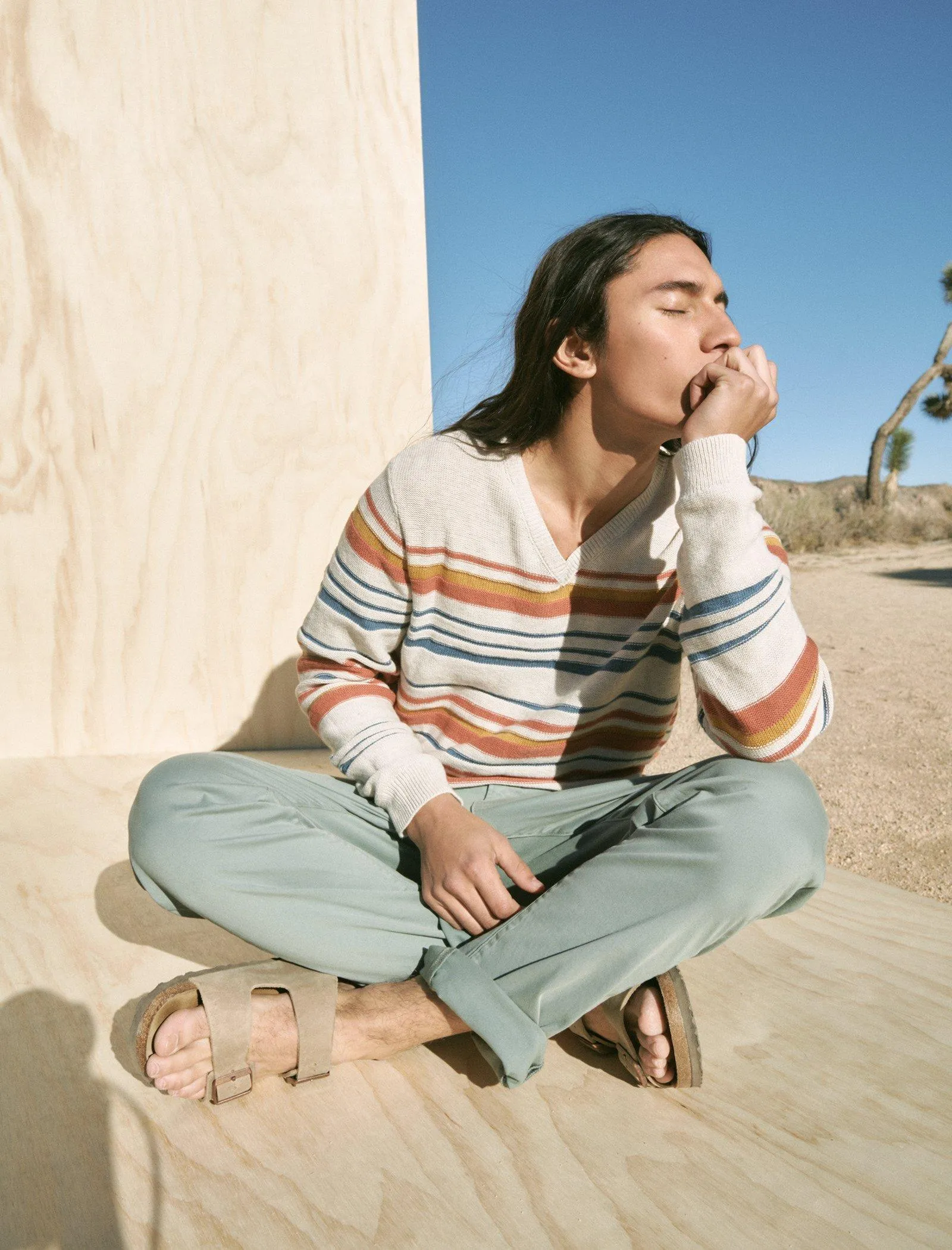 Lucky Brand Striped Welterweight V-Neck Sweater Straw Heather Combo Lucky Brand