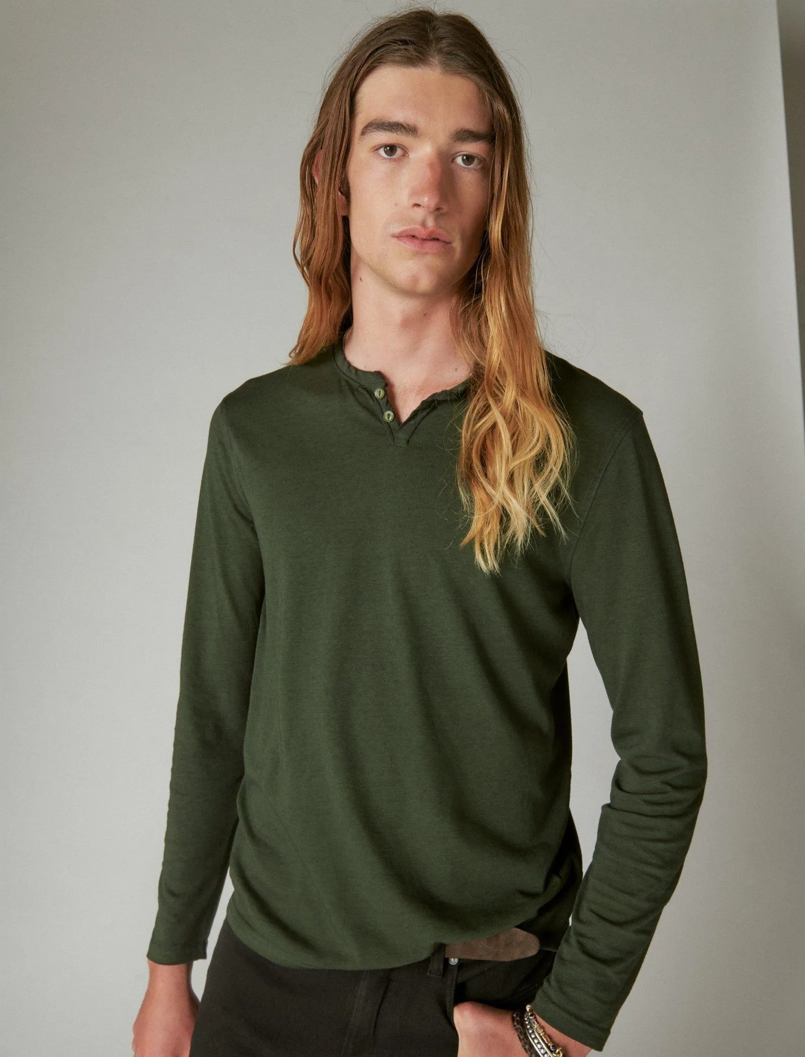 Lucky Brand Venice Burnout Long Sleeve Notch Neck Cypress Lucky Brand