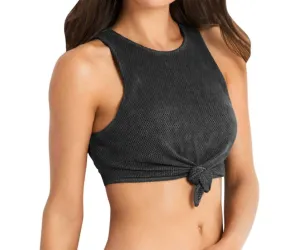 Mesh Tie Front Crop Top In Charcoal