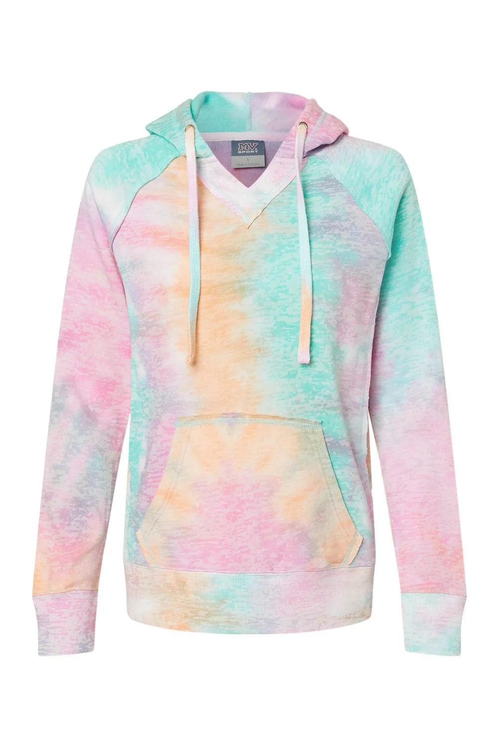 MV Sport Womens Courtney Burnout V-Notch Hooded Sweatshirt Hoodie w/ Pouch Pocket - Rainbow Sorbet