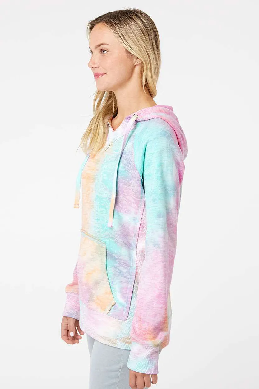 MV Sport Womens Courtney Burnout V-Notch Hooded Sweatshirt Hoodie w/ Pouch Pocket - Rainbow Sorbet