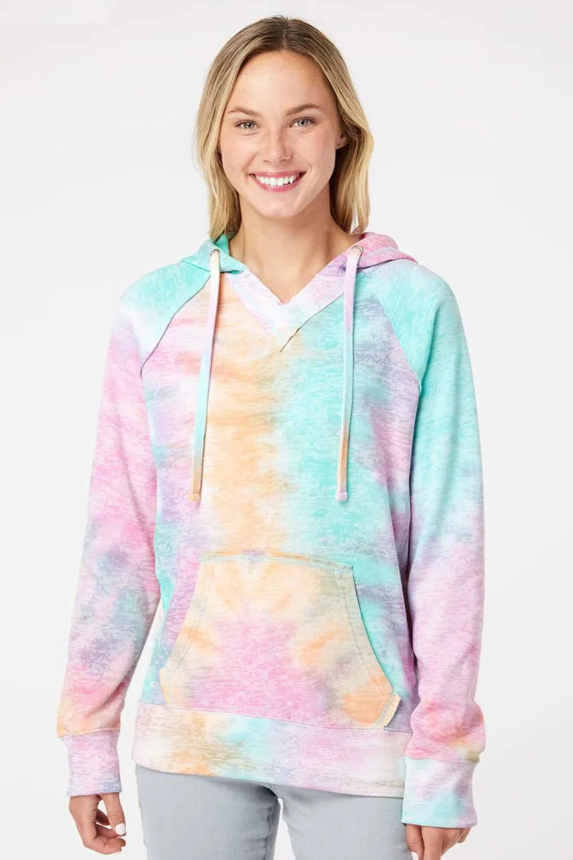 MV Sport Womens Courtney Burnout V-Notch Hooded Sweatshirt Hoodie w/ Pouch Pocket - Rainbow Sorbet