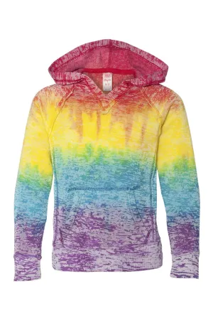 MV Sport Youth Courtney Burnout V-Notch Hooded Sweatshirt Hoodie w/ Pouch Pocket - Rainbow Stripe