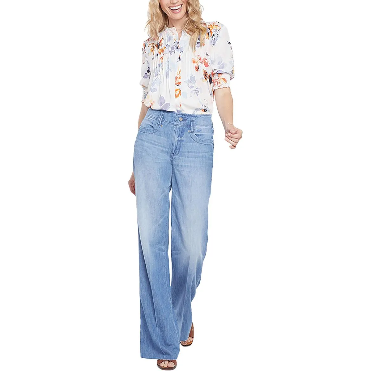 NYDJ Womens Teresa Cotton Raw Hem Wide Leg Jeans