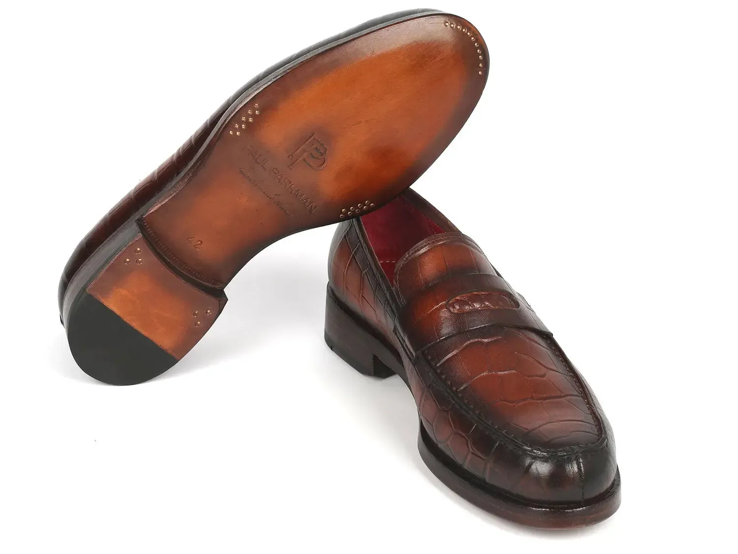 Paul Parkman Shoes Paul Parkman Croco-Embossed Calfskin Penny Loafers in Brown