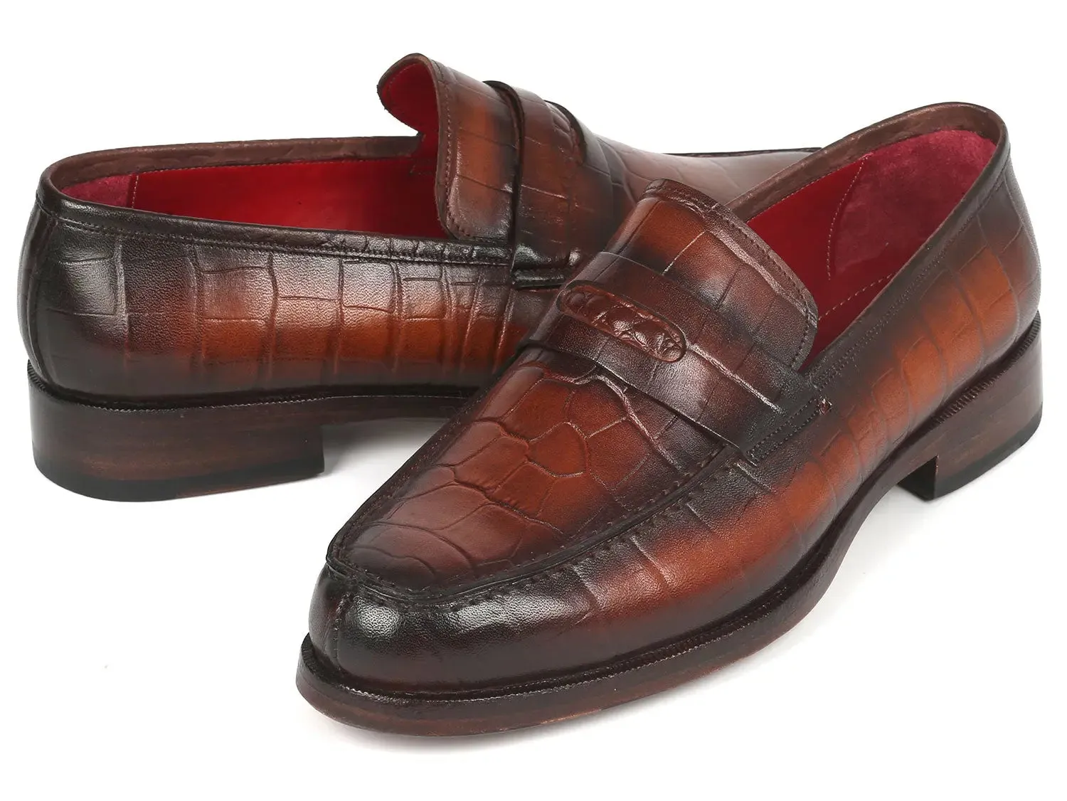 Paul Parkman Shoes Paul Parkman Croco-Embossed Calfskin Penny Loafers in Brown