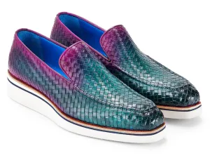 Paul Parkman Shoes Paul Parkman Men's Smart Casual Woven Leather Loafers in Green & Purple