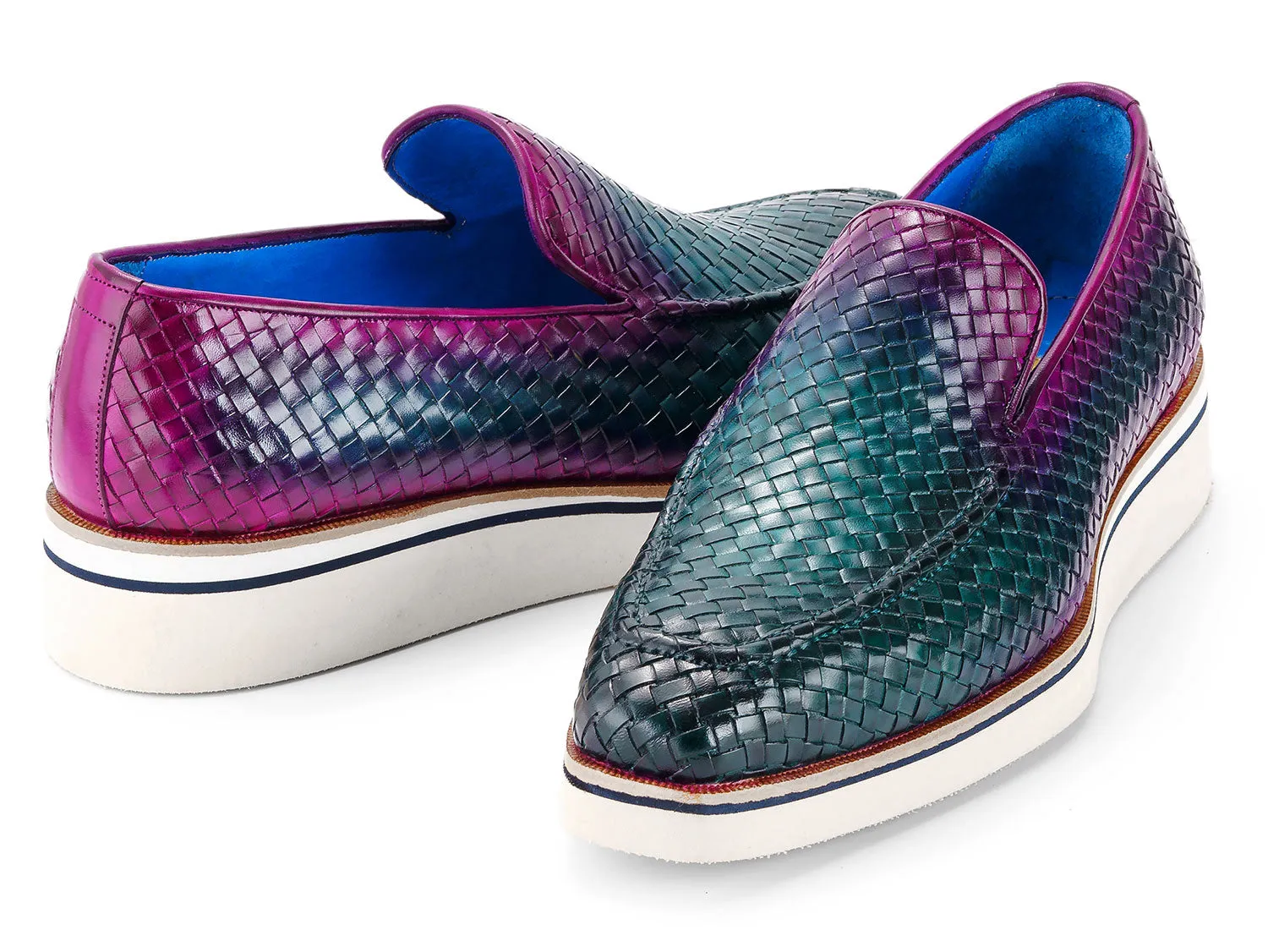 Paul Parkman Shoes Paul Parkman Men's Smart Casual Woven Leather Loafers in Green & Purple