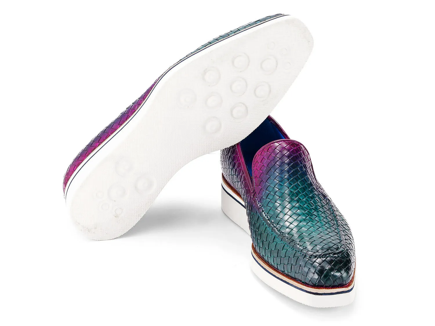 Paul Parkman Shoes Paul Parkman Men's Smart Casual Woven Leather Loafers in Green & Purple