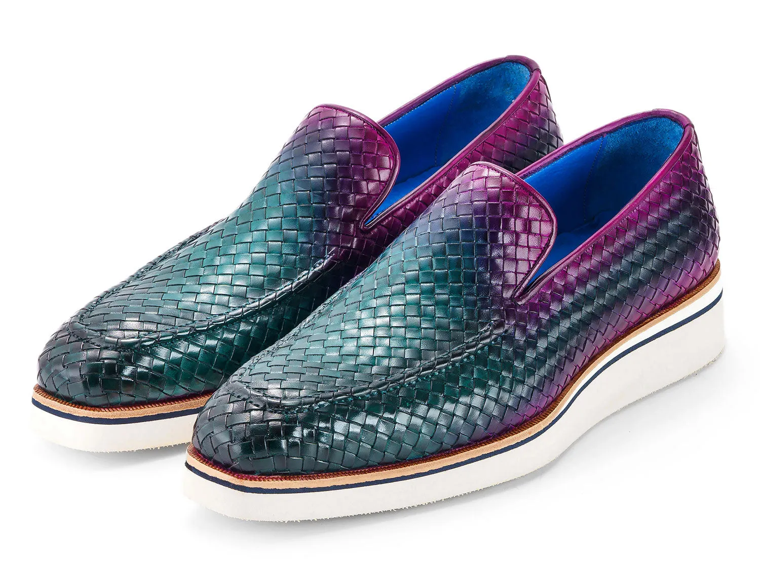 Paul Parkman Shoes Paul Parkman Men's Smart Casual Woven Leather Loafers in Green & Purple
