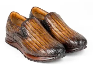 Paul Parkman Shoes Paul Parkman Men's Woven Leather Slip-On Sneakers in Brown