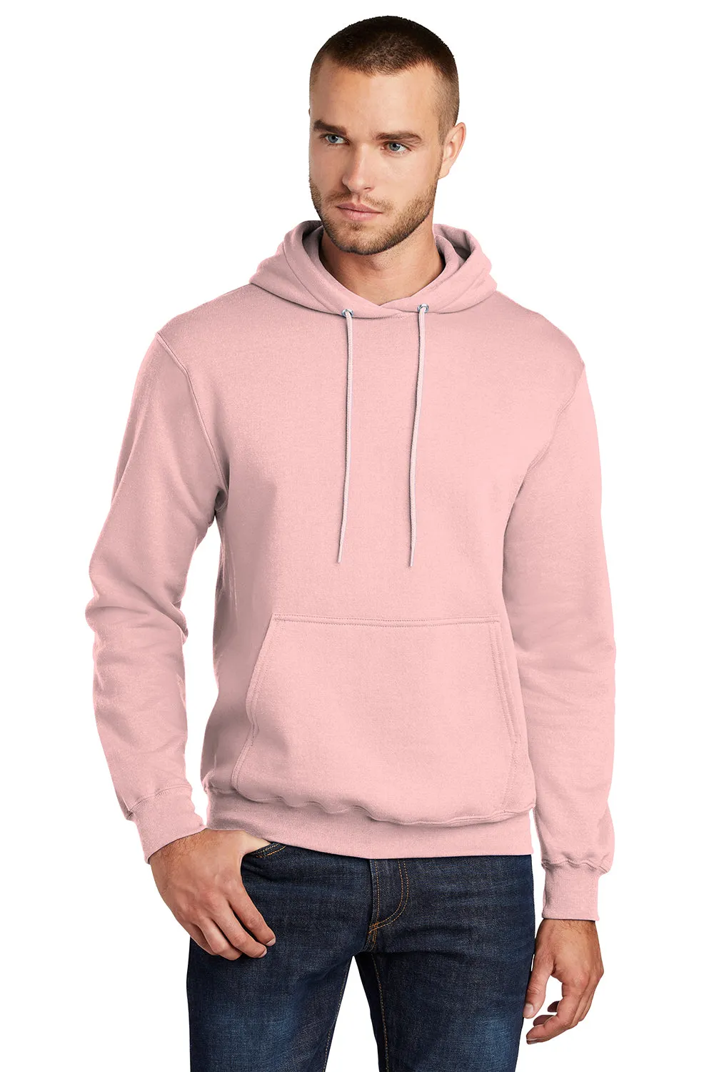 Port & Company Mens Core Pill Resistant Fleece Hooded Sweatshirt Hoodie w/ Pouch Pocket - Pale Blush Pink