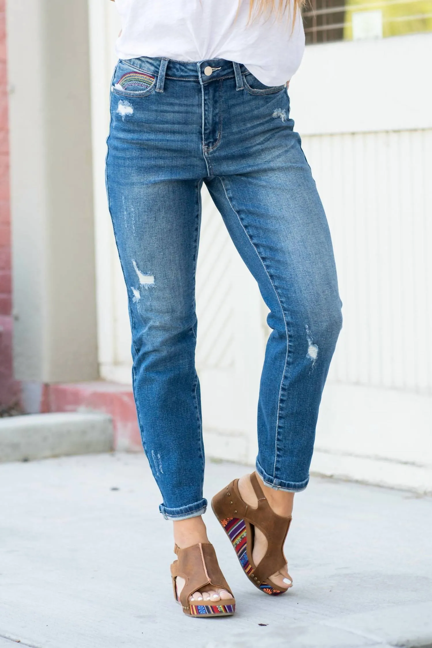 Rainbow Embroidered Cropped Straight Leg Jeans In Medium Wash Denim