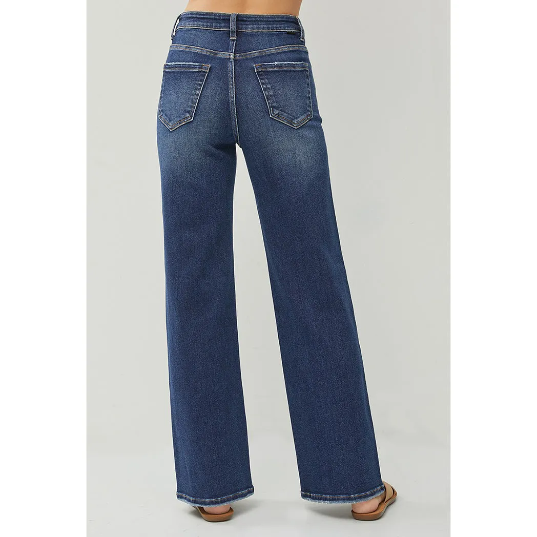 Risen High Rise Distressed Wide Leg Jeans