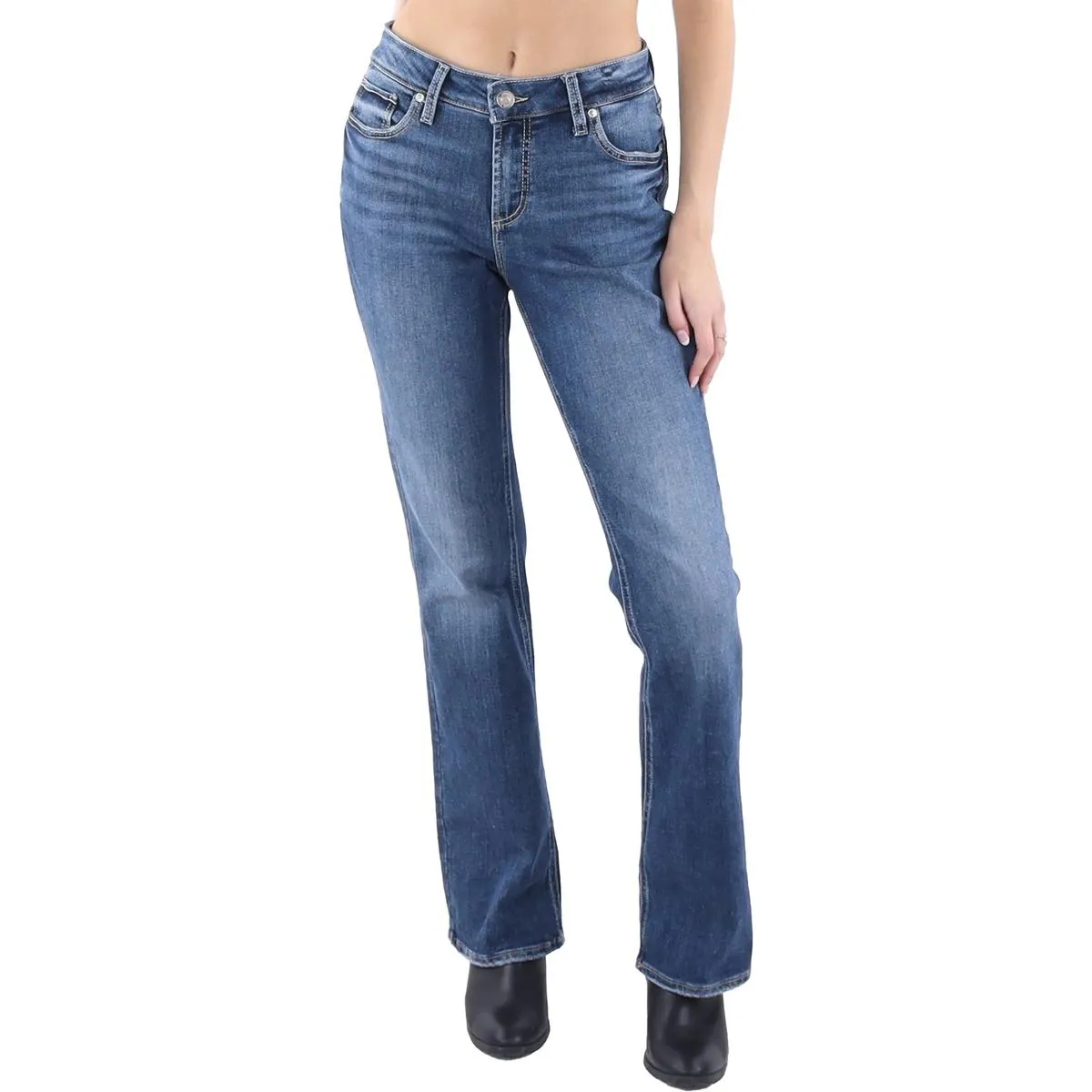 Silver Jeans Co. Womens   Elyse Mid Rise Embroidered Bootcut Jeans