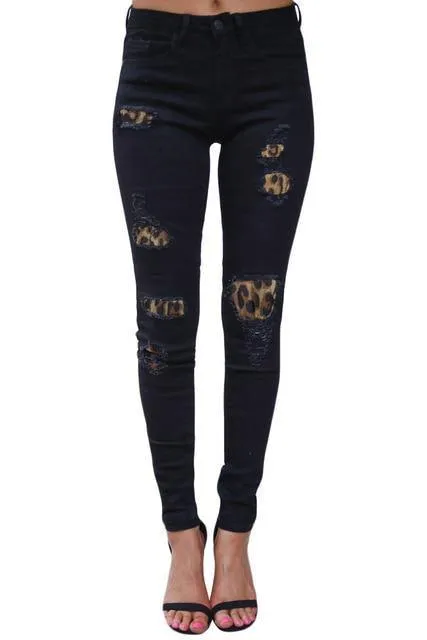 Skinny Denim Pencil Pants - Leopard Print