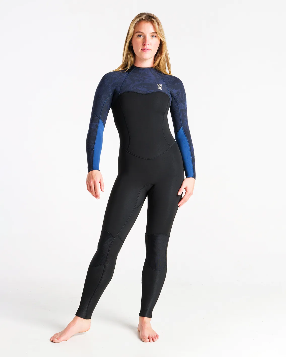 Solace 4/3mm Back Zip Wetsuit in Black, Bluestone Tropical & Cascade Blue