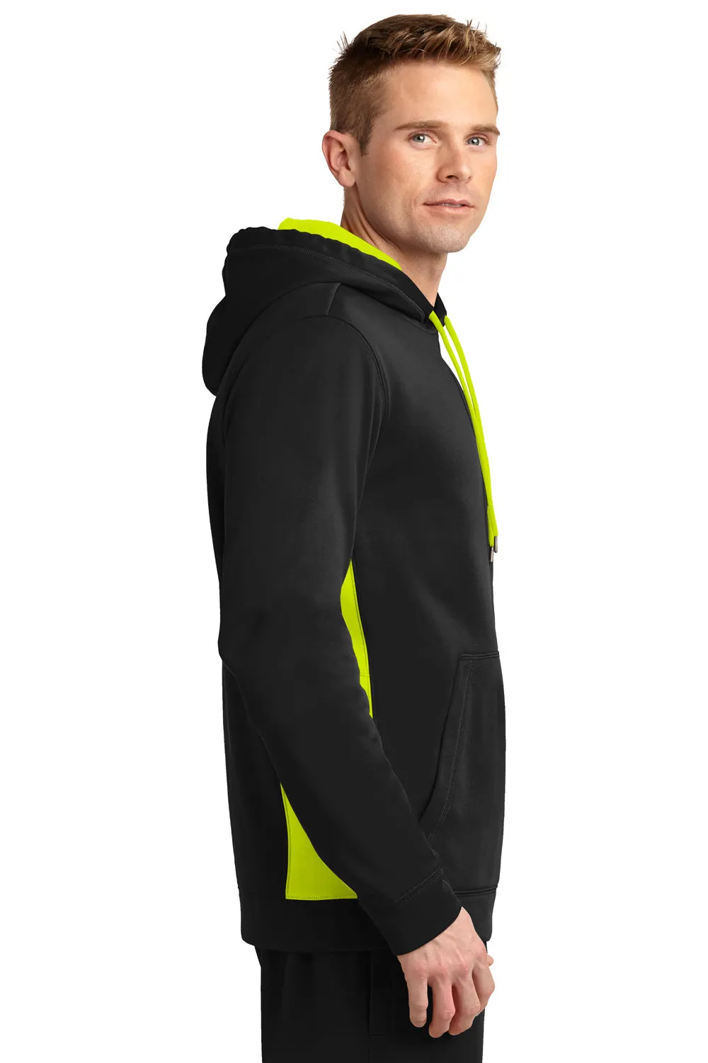 Sport-Tek Mens Sport-Wick Moisture Wicking Fleece Hooded Sweatshirt Hoodie w/ Pouch Pocket - Black/Safety Yellow - Closeout