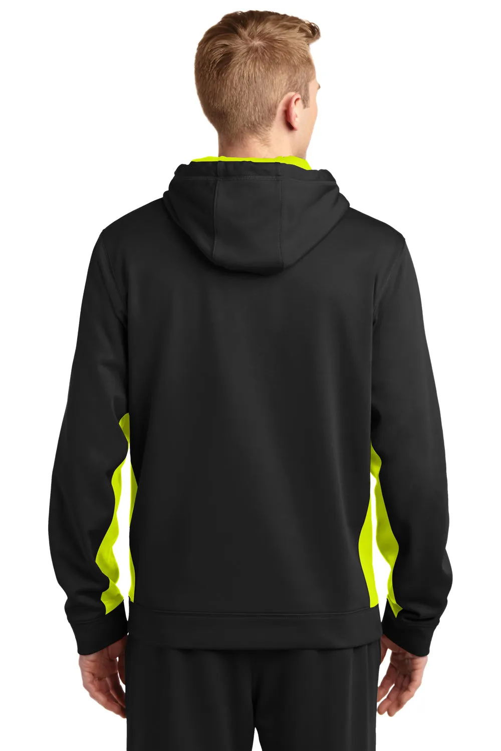 Sport-Tek Mens Sport-Wick Moisture Wicking Fleece Hooded Sweatshirt Hoodie w/ Pouch Pocket - Black/Safety Yellow - Closeout