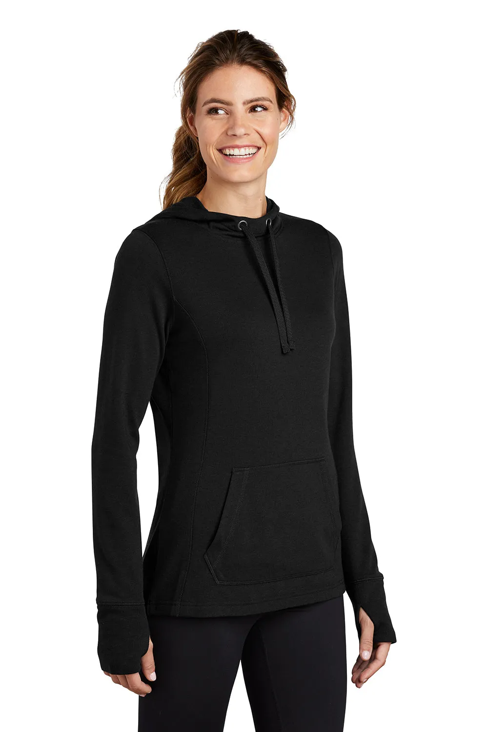 Sport-Tek Womens Moisture Wicking Fleece Hooded Sweatshirt Hoodie w/ Pouch Pocket - Black