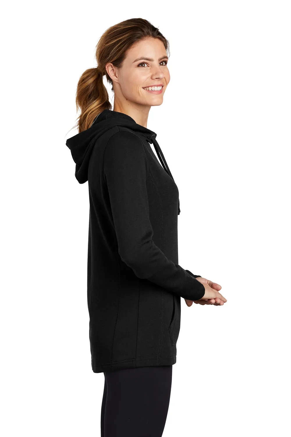Sport-Tek Womens Moisture Wicking Fleece Hooded Sweatshirt Hoodie w/ Pouch Pocket - Black